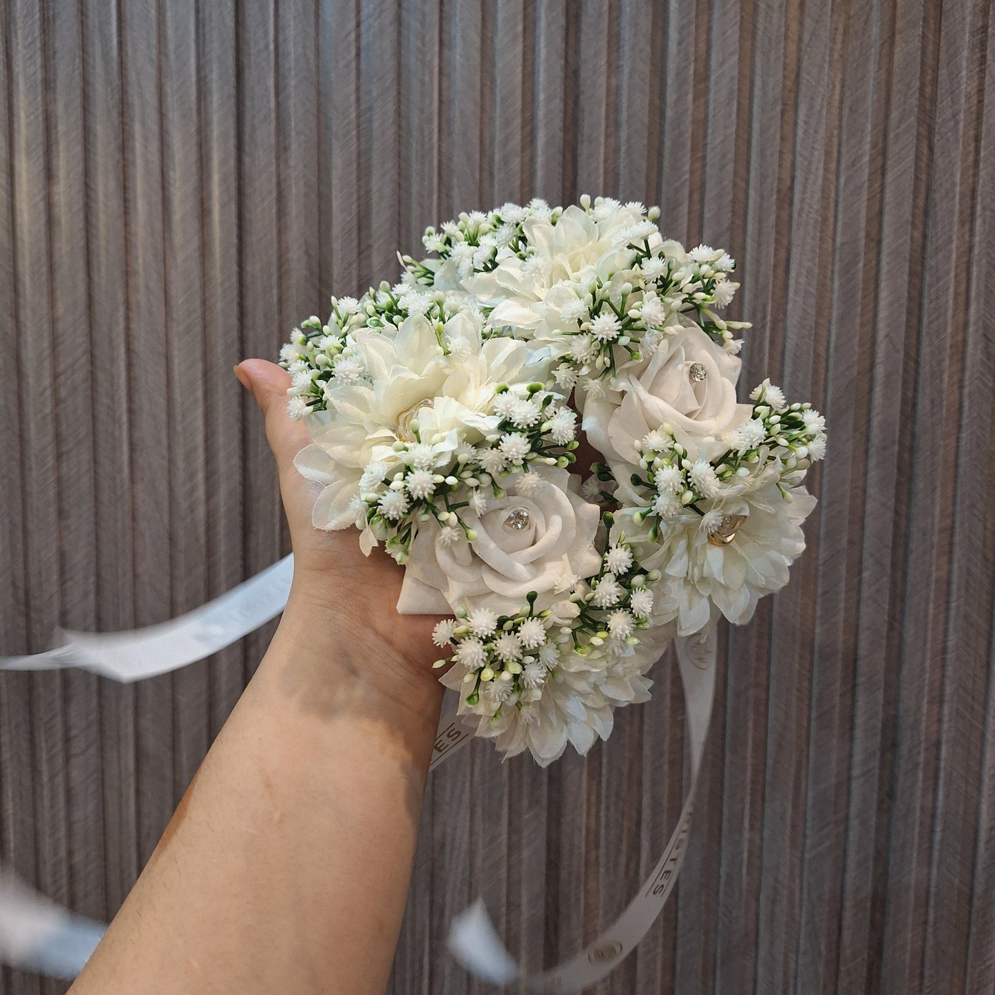 White Rose & Chrysanthemum Wrist Corsage with Pearl Accents