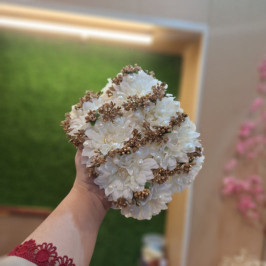 Elegant White Daisy & Gold Pearl Floral Gajra (Hair Accessory)