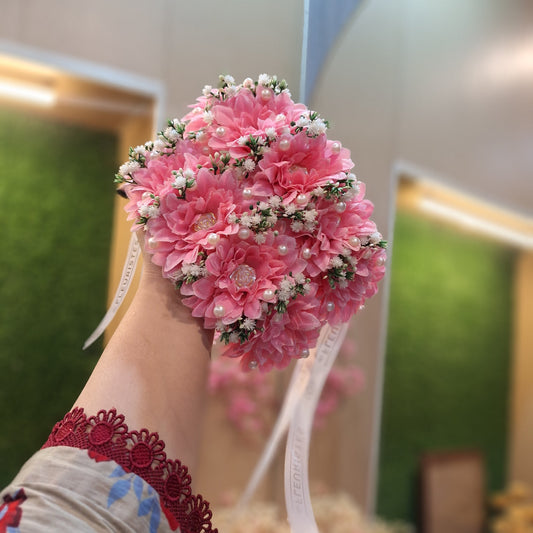 Pink Chrysanthemum Handheld Bouquet with White Baby’s Breath & Pearls