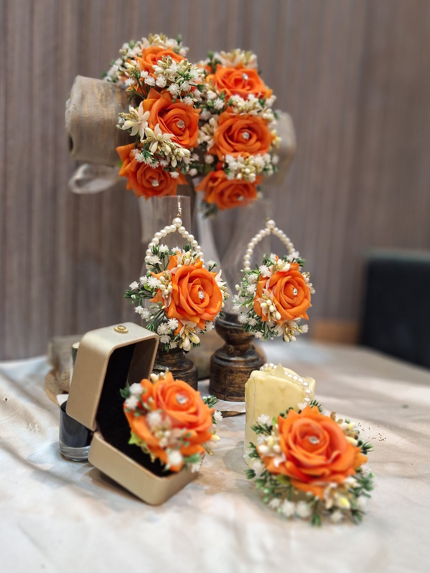 Orange Rose & Pearl Floral Jewelry Set for Mehndi