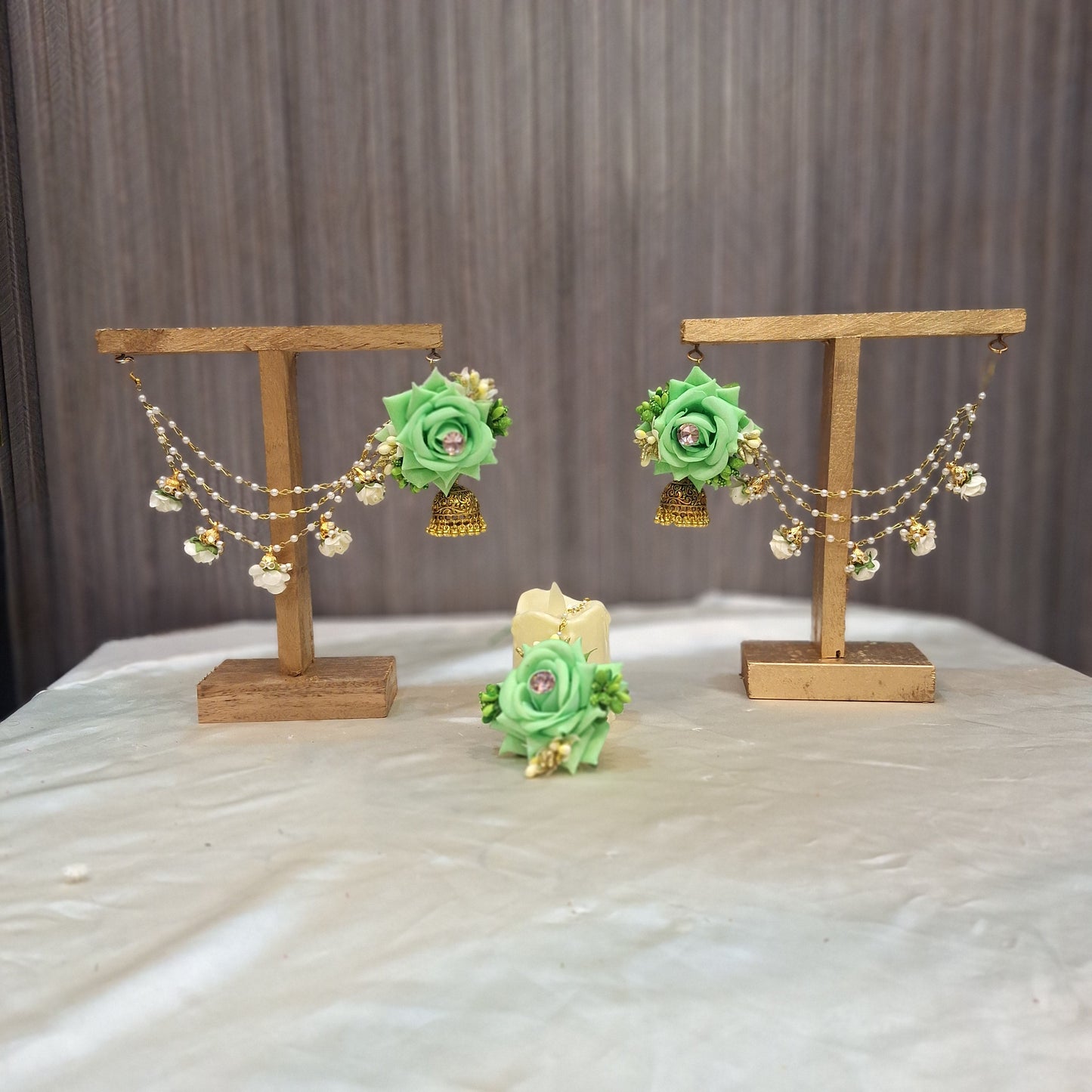 Mint Green & Blush Pink Floral Jewelry Set with Pearl Saharay