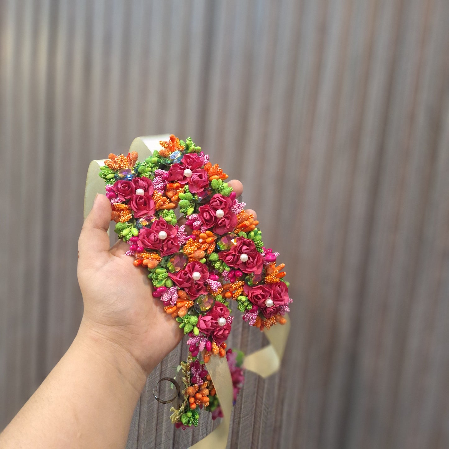 Vibrant Pink and Orange Floral Gajara with Ribbon Tie