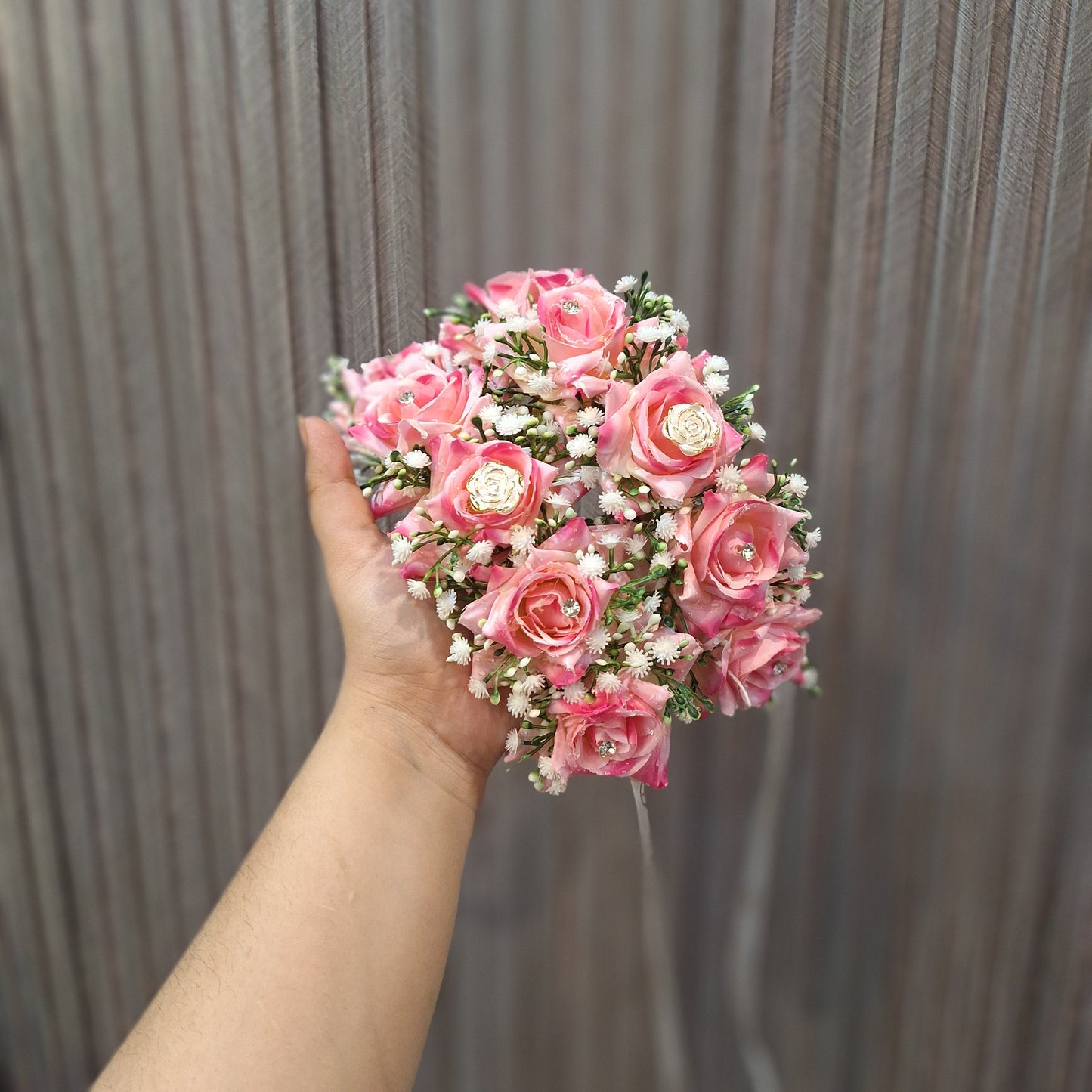 Blushing Pink Rose & Gypso Hand-Tied Bridal Hair Gajra