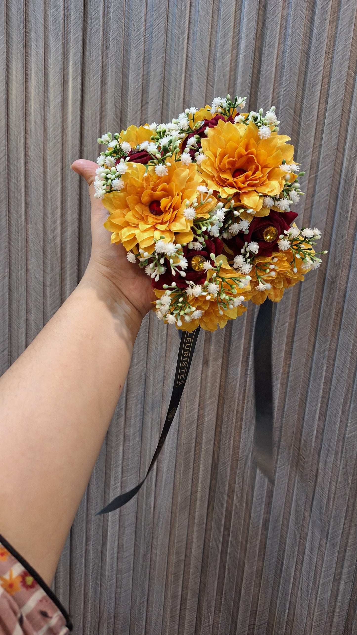 Golden Yellow Marigold & Crimson Rose Hand-Tied Bouquet