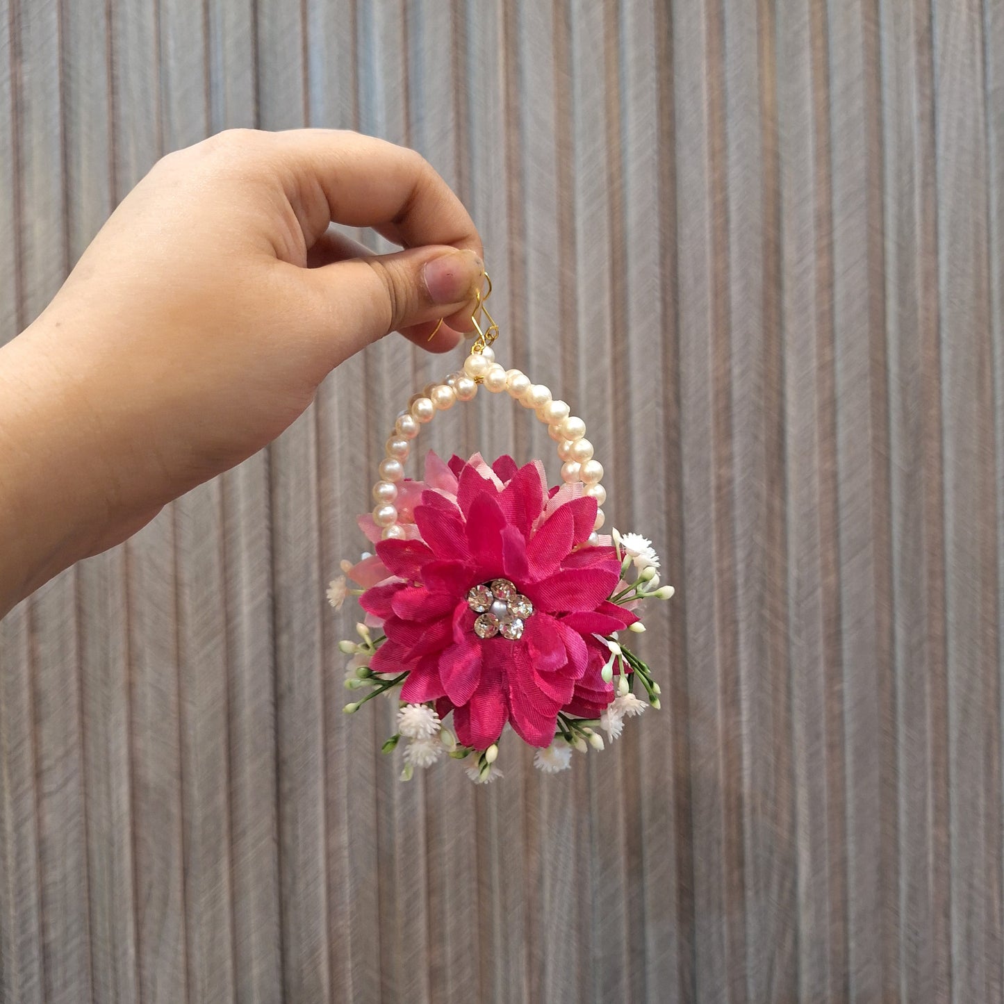 Pink Floral Hoop Earring with Pearl Detailing