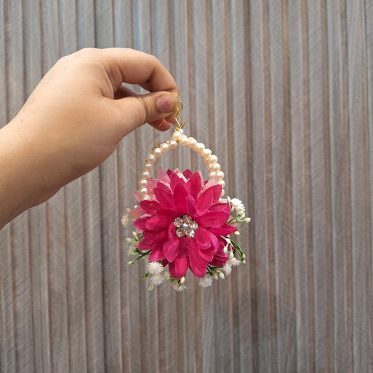 Pink Floral Hoop Earring with Pearl Detailing