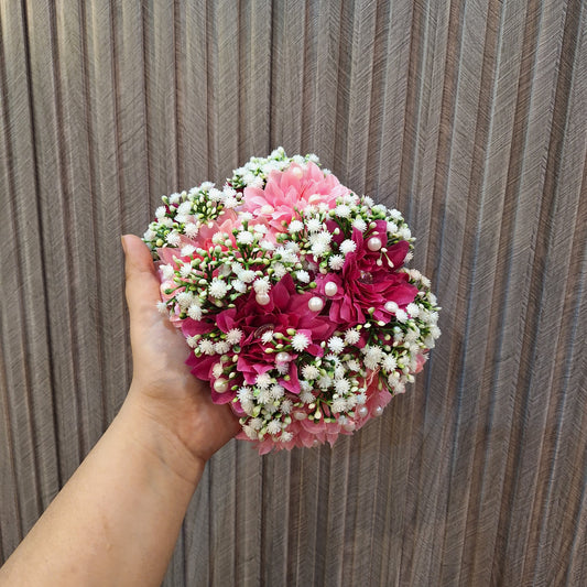 Pink and Magenta Floral Bun Gajara with Pearl Accents