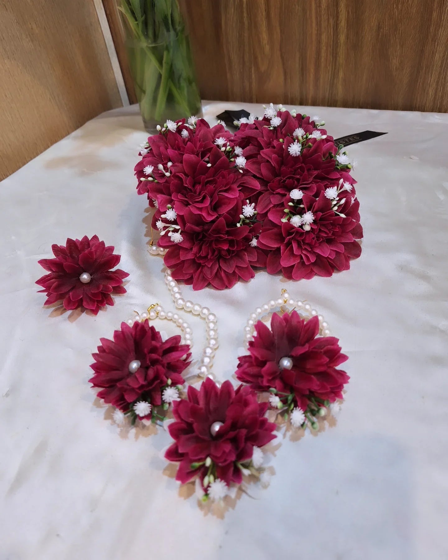 Handcrafted Maroon Floral Jewellery Set with Pearl Accents