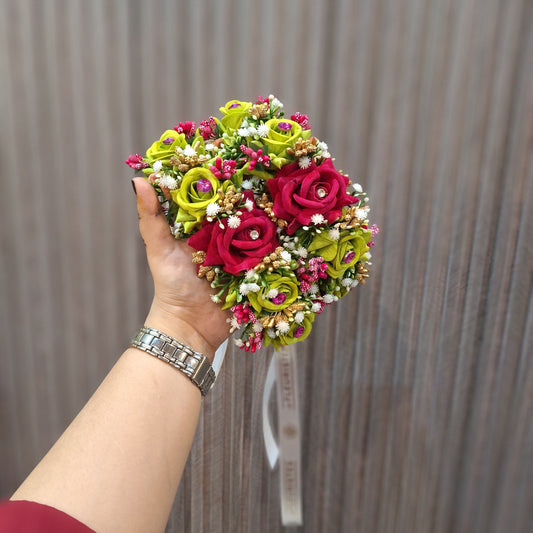 Magenta & Lime Green Floral Wrist Ganjra with Ribbon