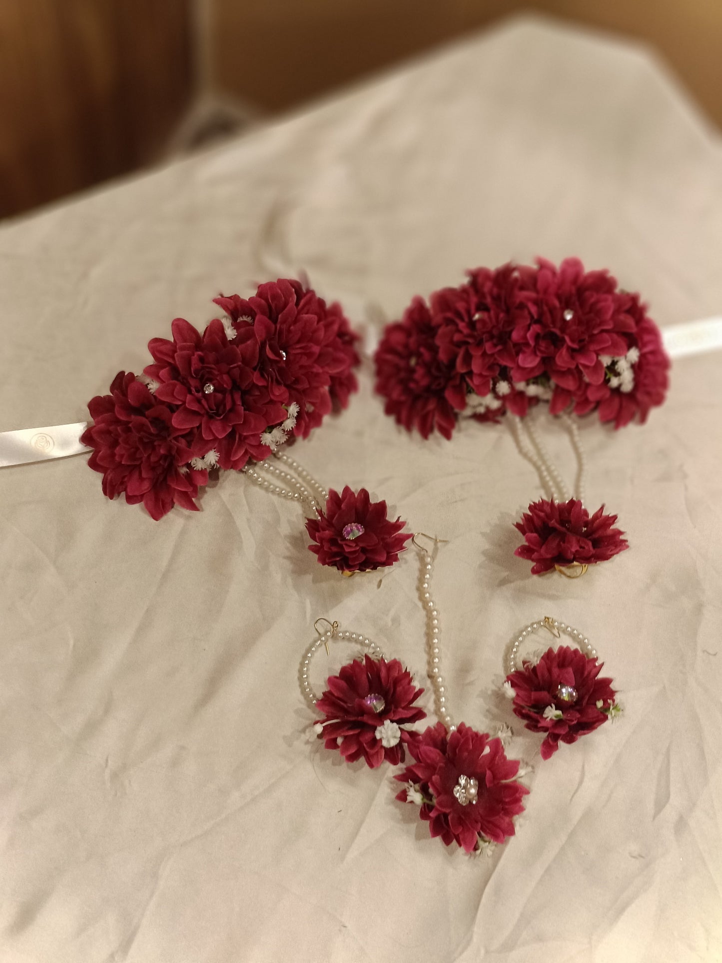 Maroon Floral Bridal Jewellery Set with Pearl Accents