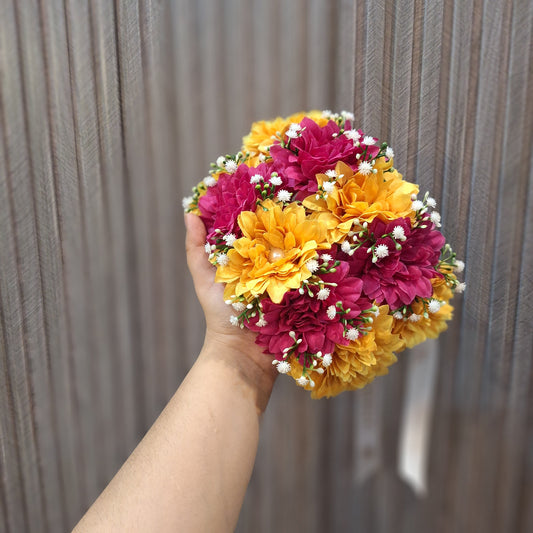 Magenta & Yellow Marigold Floral Gajra with Pearl Detail