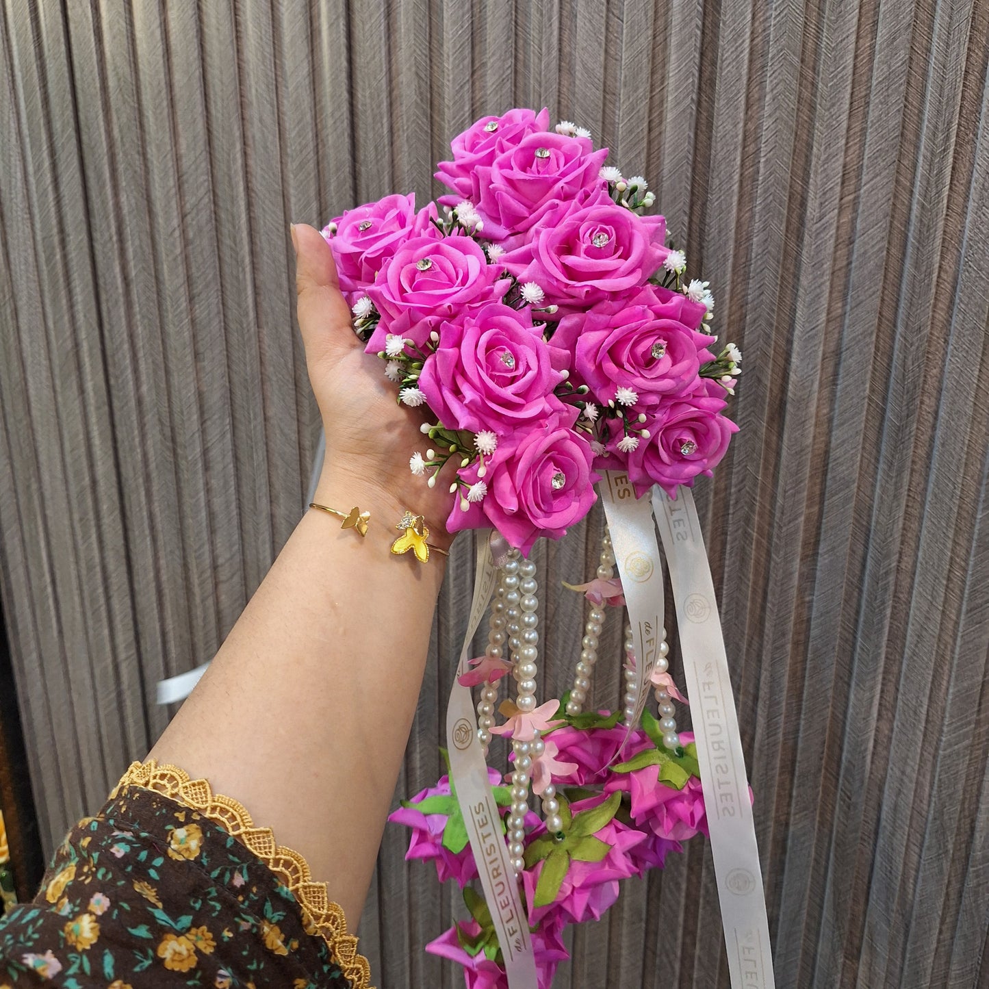 Hot Pink Rose Gaira with Pearl Hangings & Ribbon Accent