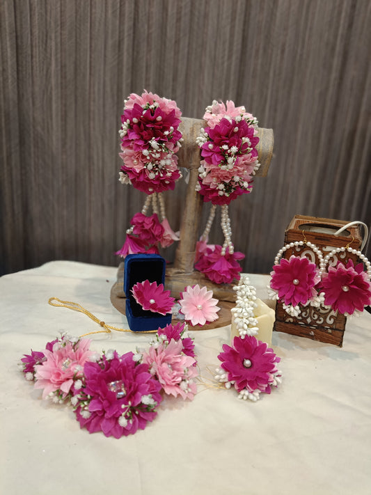 Pink & Magenta Floral Jewelry Set with Pearl Accents