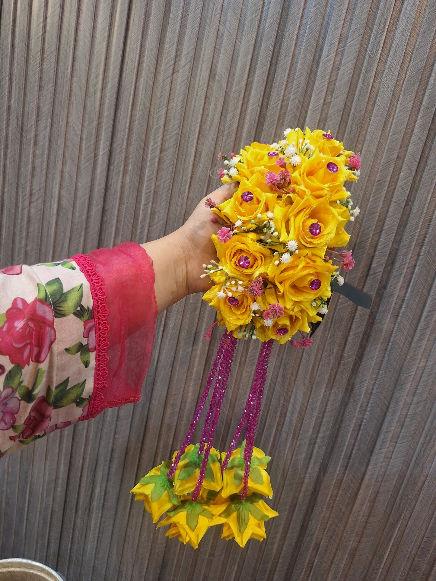 Vibrant Yellow Rose Hair Gajra with Purple Beaded Hangings
