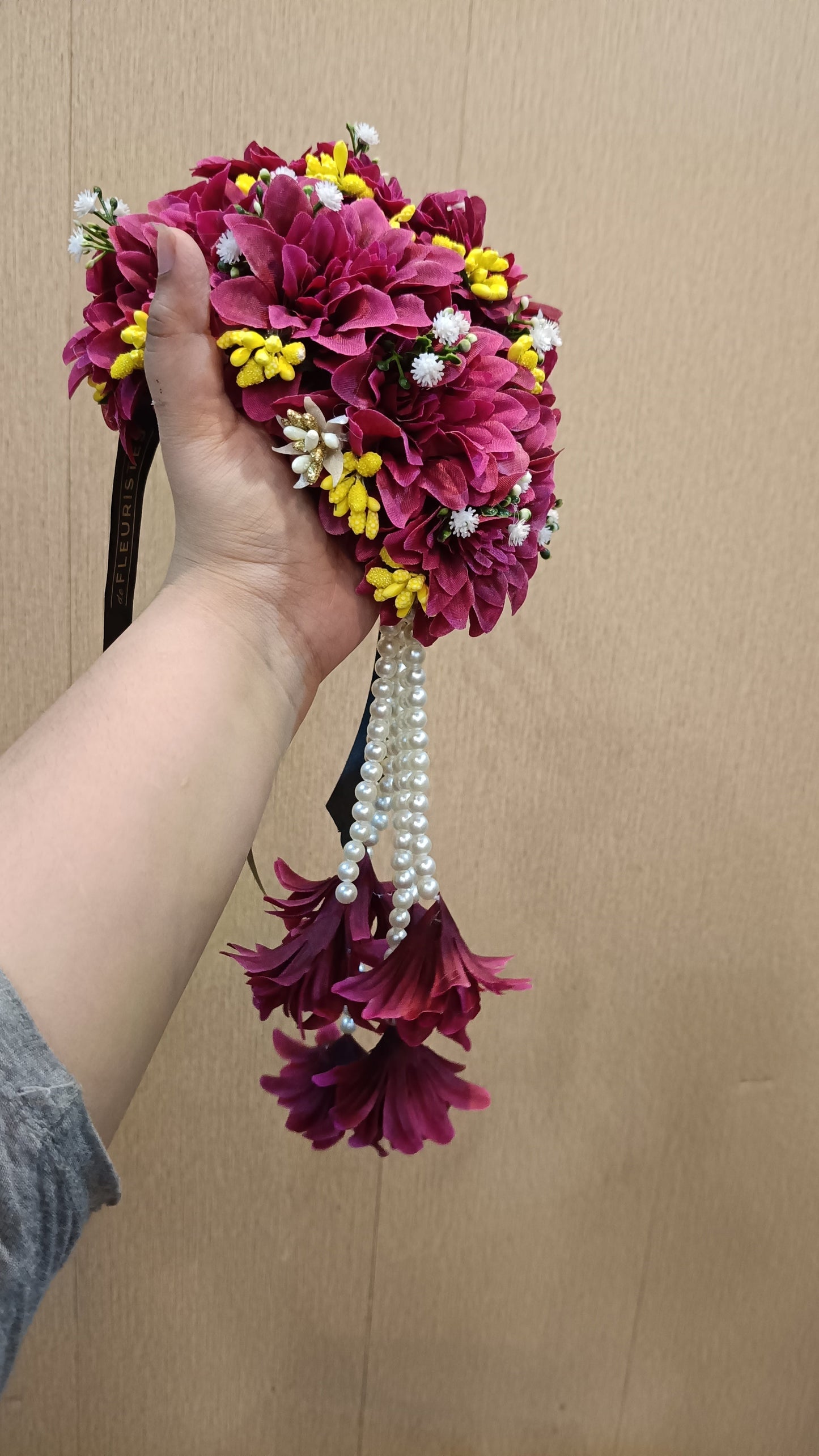 Maroon & Yellow Floral Jewelry Set with Pearl Accents