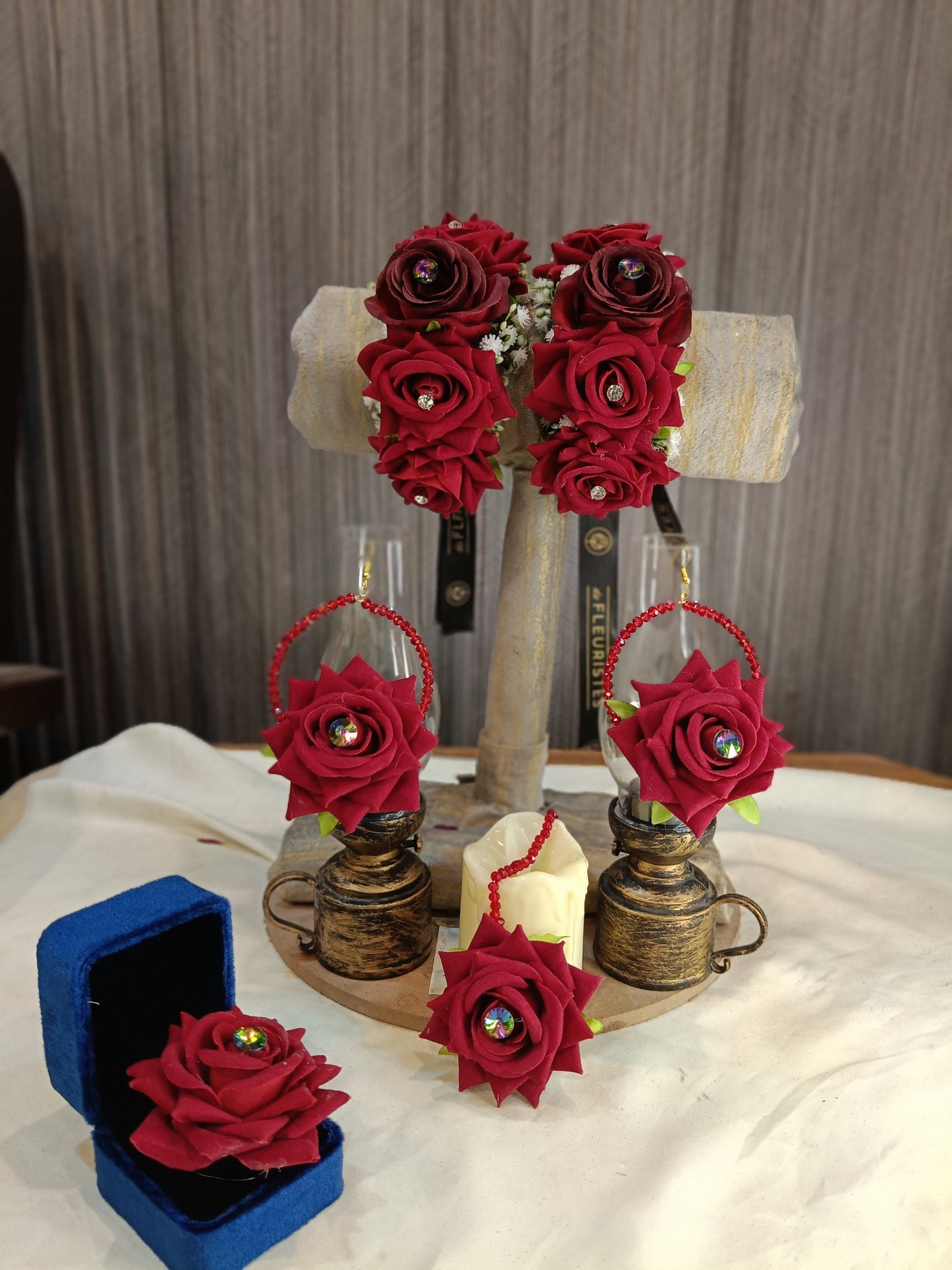 Maroon Rose Floral Jewellery Set with Maang Tikka & Gajaray