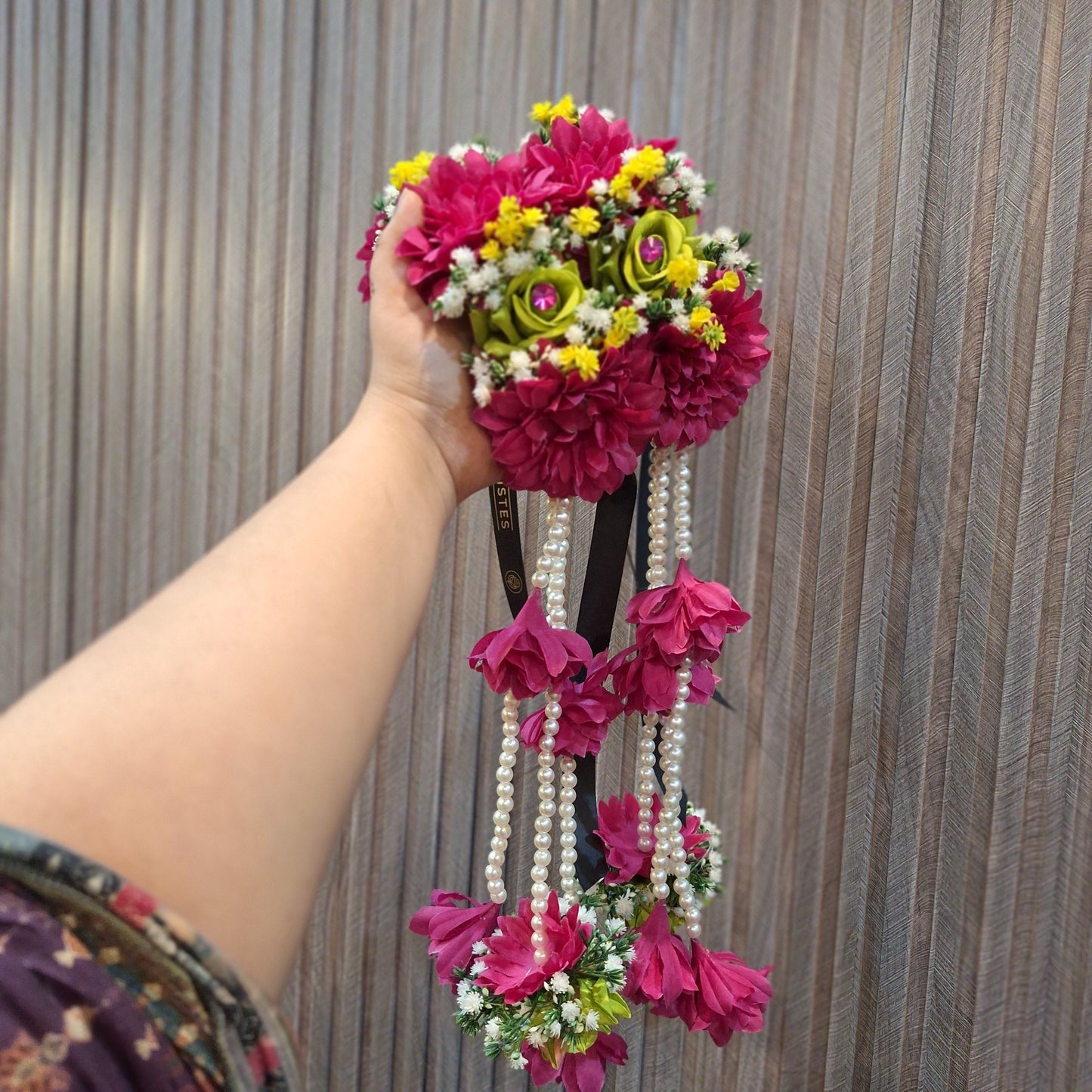 Handcrafted Magenta & Lime Green Floral Jewellery Set with Pearl Accents
