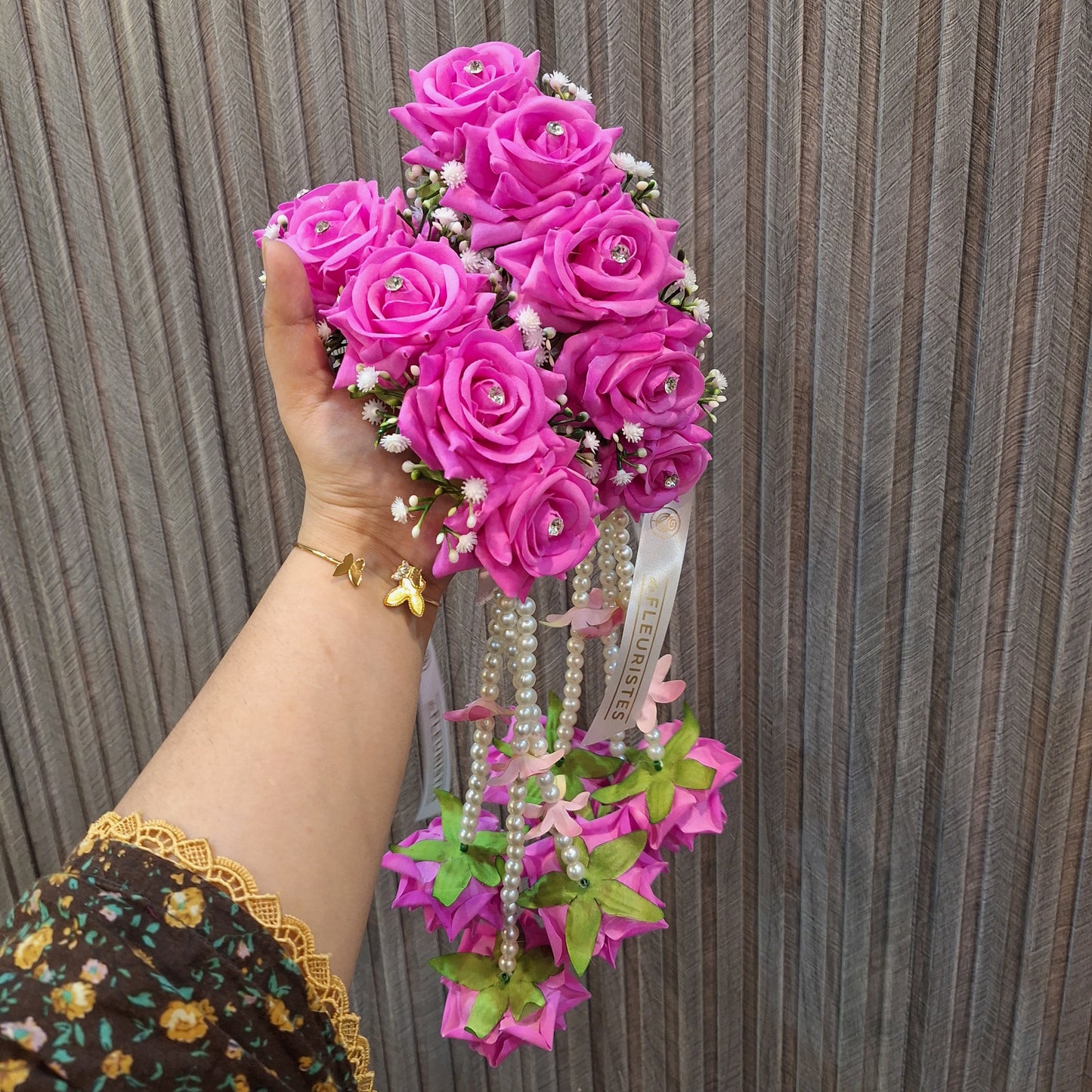 Hot Pink Rose Gaira with Pearl Hangings & Ribbon Accent