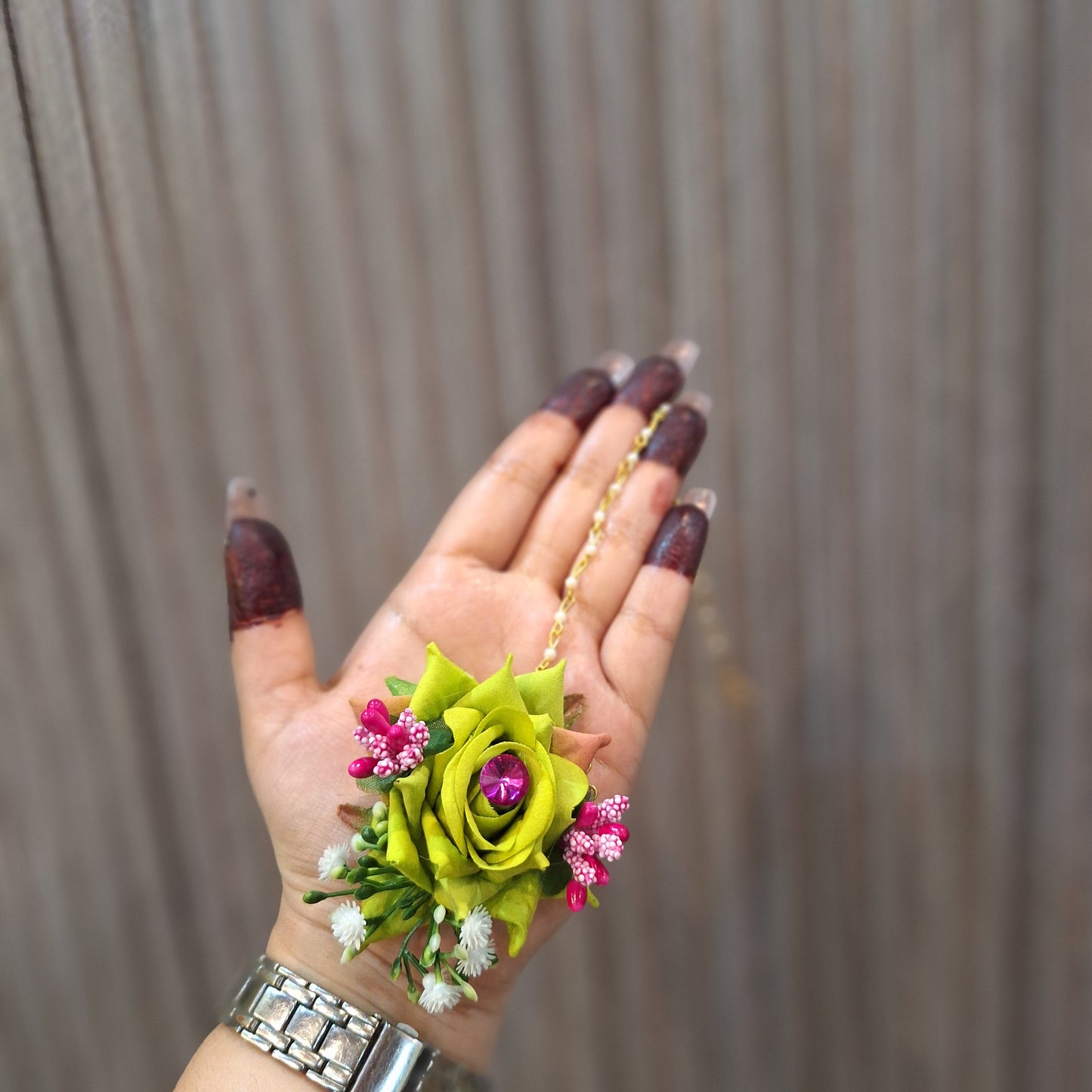 Handcrafted Lime Green Floral Jhumka & Ring Set with Pearl Sahara Chains