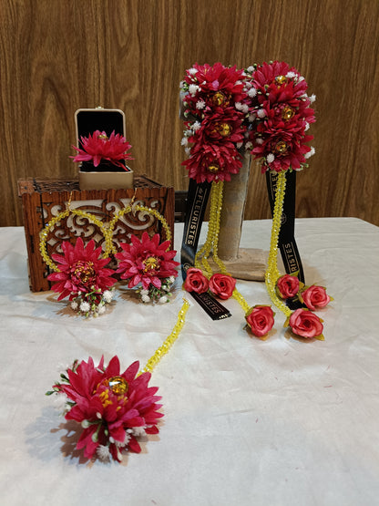 Vibrant Pink Floral Jewellery Set with Yellow Beaded Accents