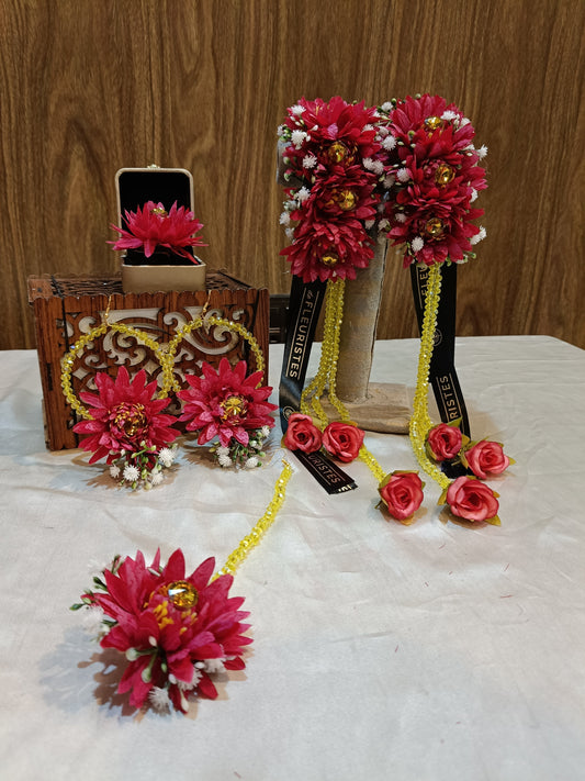 Vibrant Pink Floral Jewellery Set with Yellow Beaded Accents