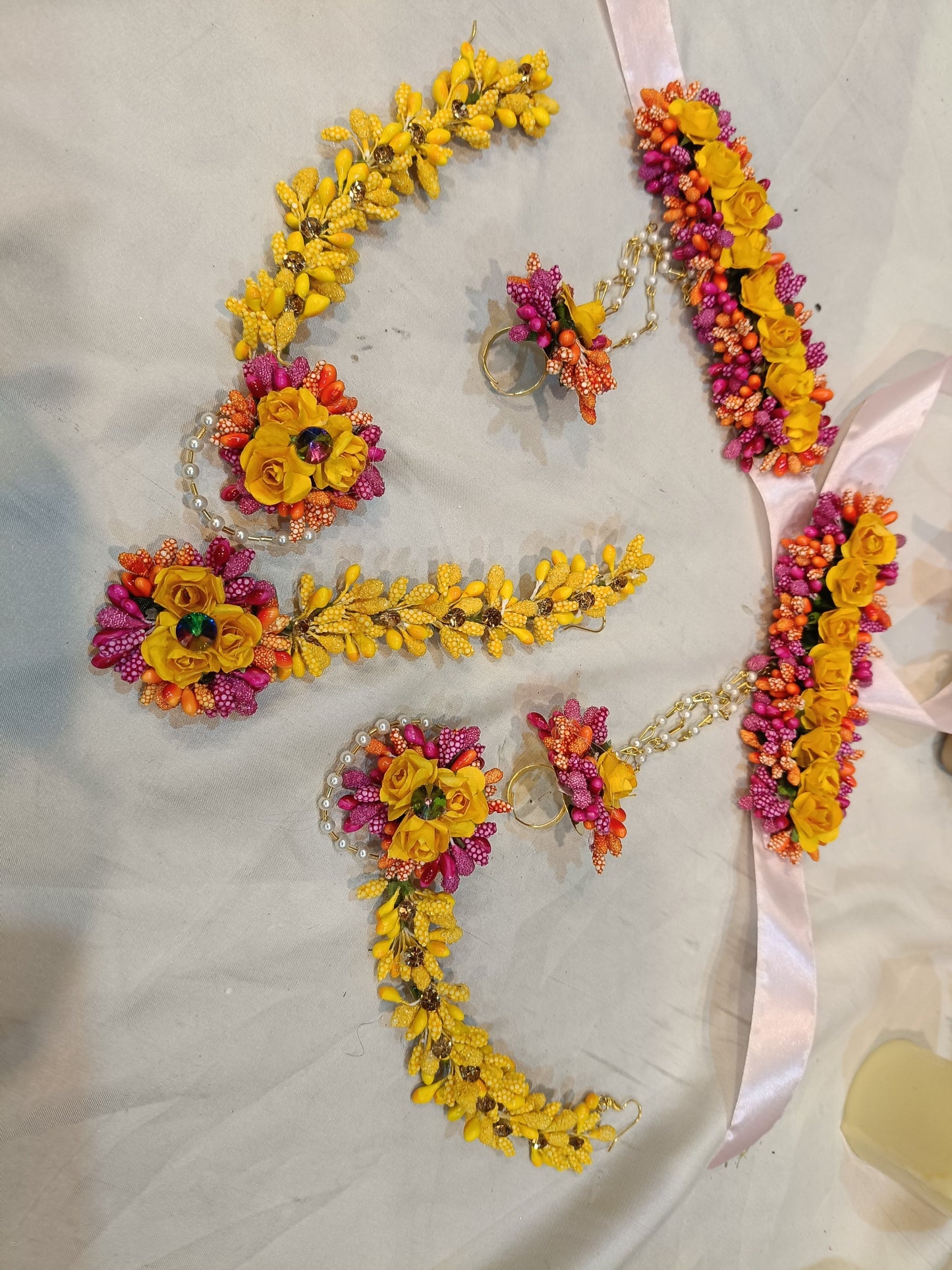 Vibrant Yellow & Magenta Floral Bridal Jewelry Set (Set of 6)