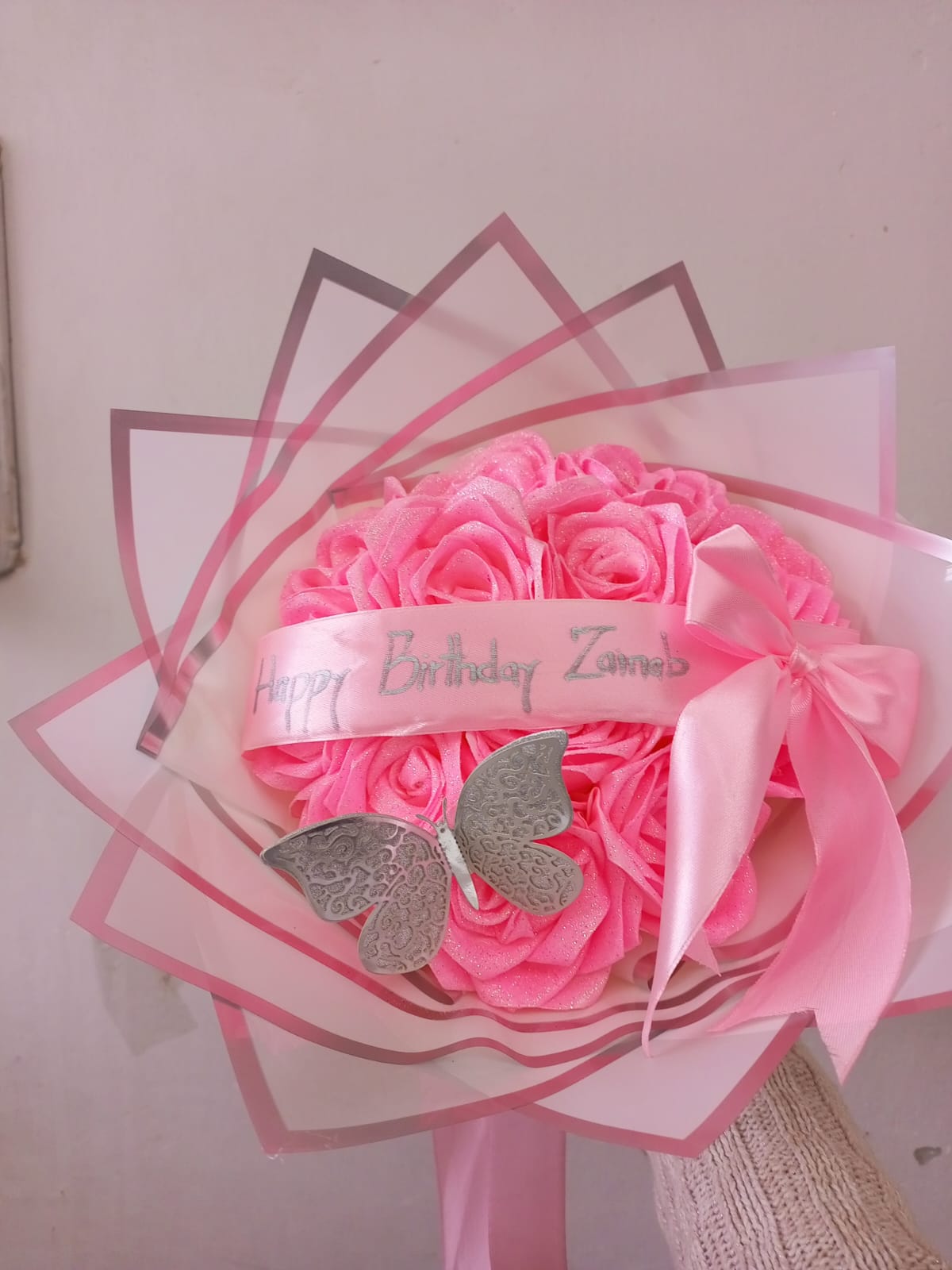Sparkling Pink Rose Bouquet with Silver Butterfly & Birthday Ribbon