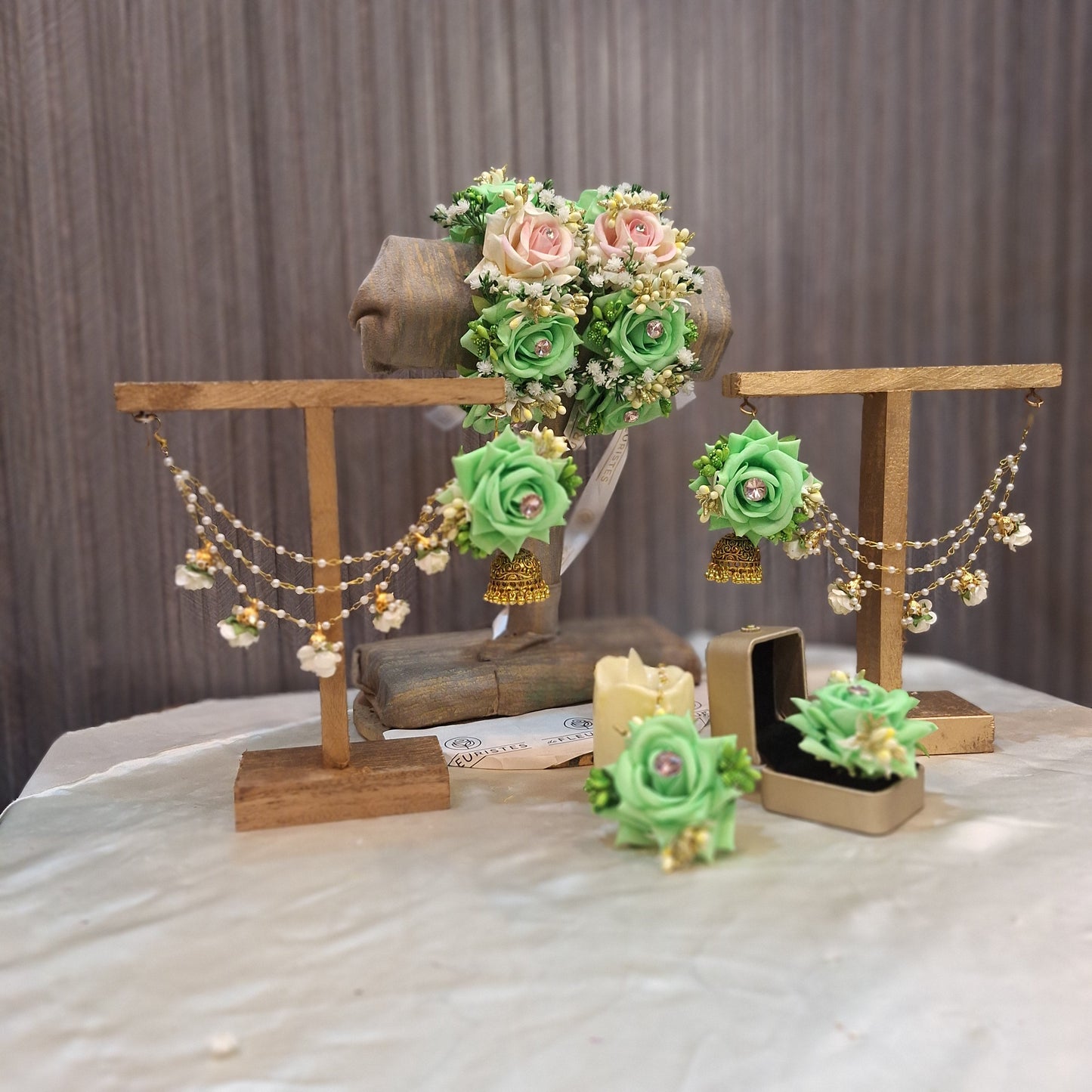 Mint Green & Blush Pink Floral Jewelry Set with Pearl Saharay