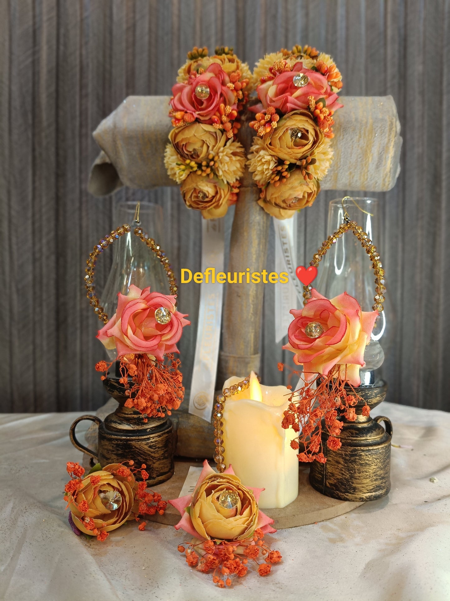 Peach and Amber Floral Jewelry Set with Diamante Accents