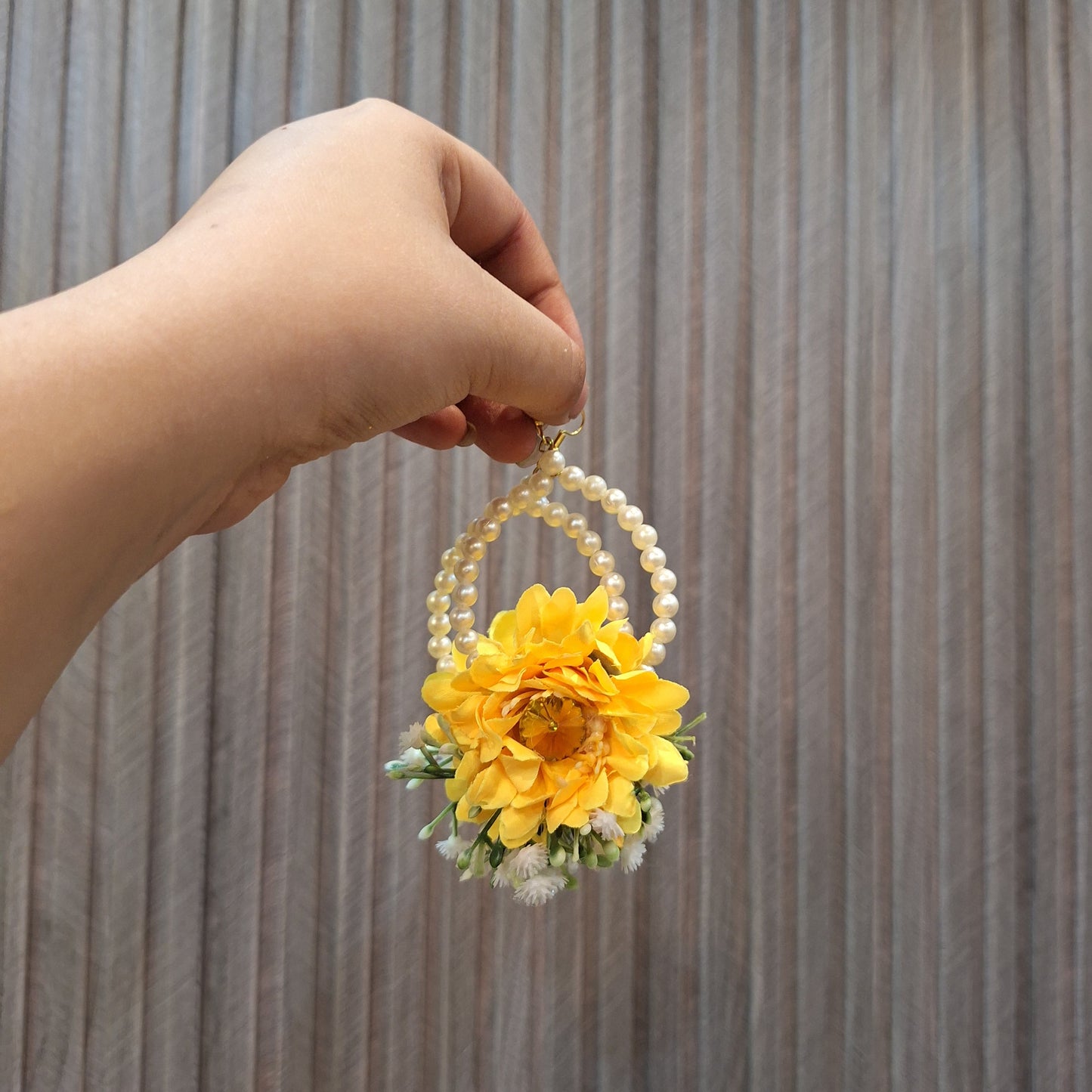 Handmade Yellow Floral Gaira with Pearl Hoop Accents