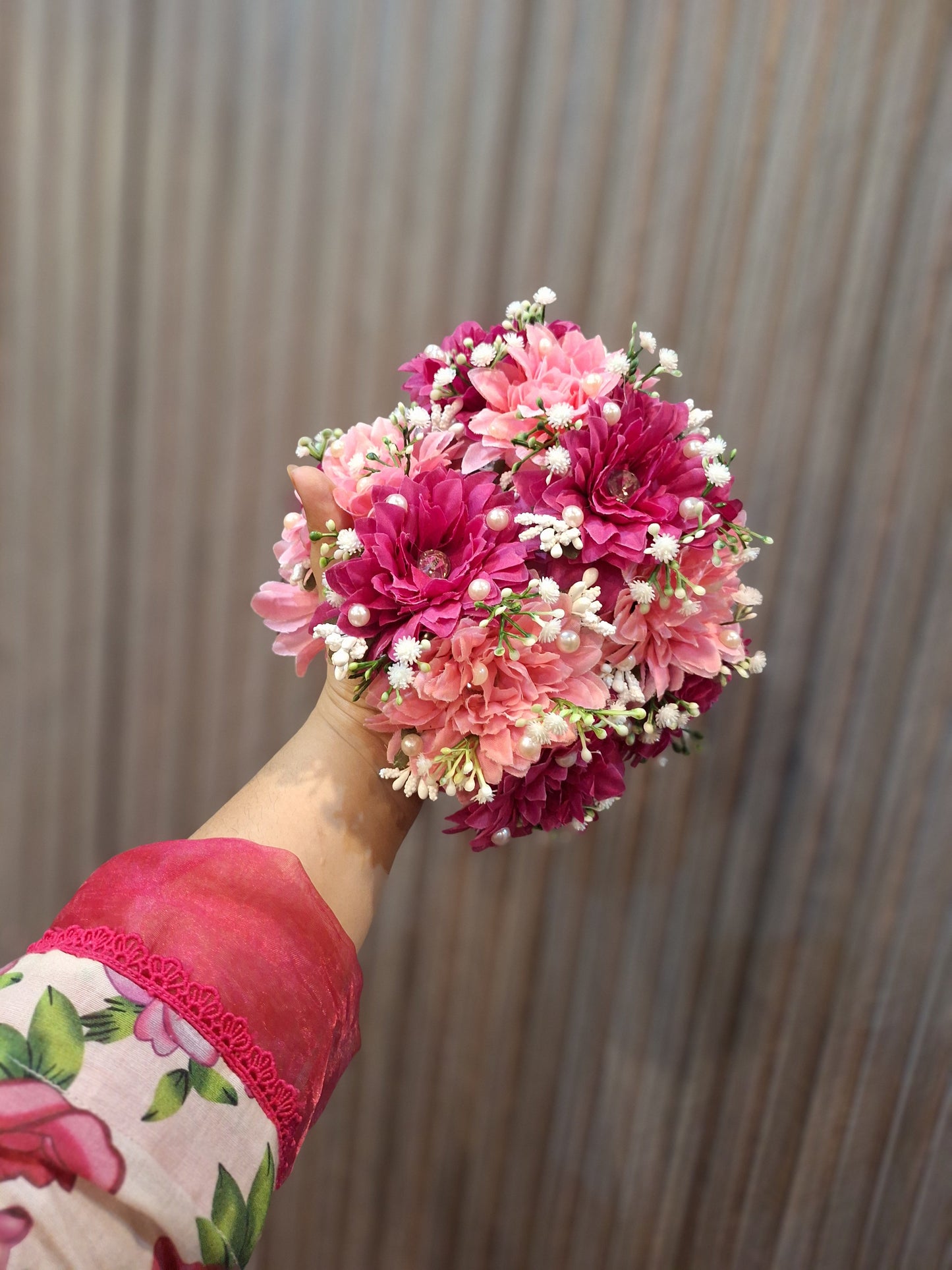 Magenta & Blush Pink Floral Hand Bouquet with Pearl Accents