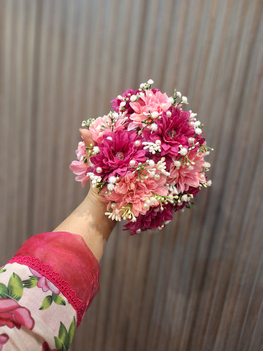 Magenta & Blush Pink Floral Hand Bouquet with Pearl Accents