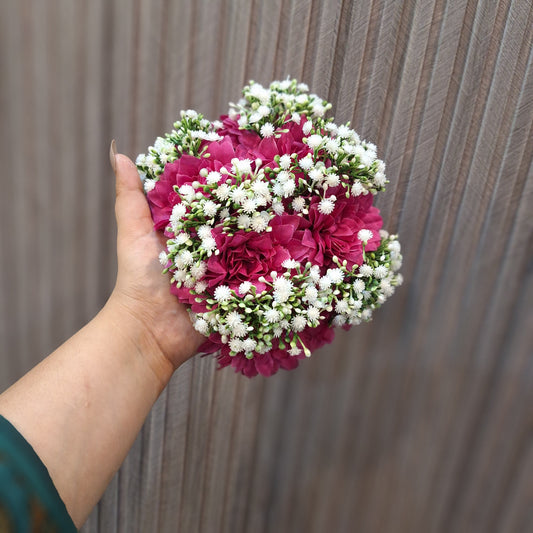 Deep Magenta Chrysanthemum & White Baby’s Breath Hand-Tied Bun
