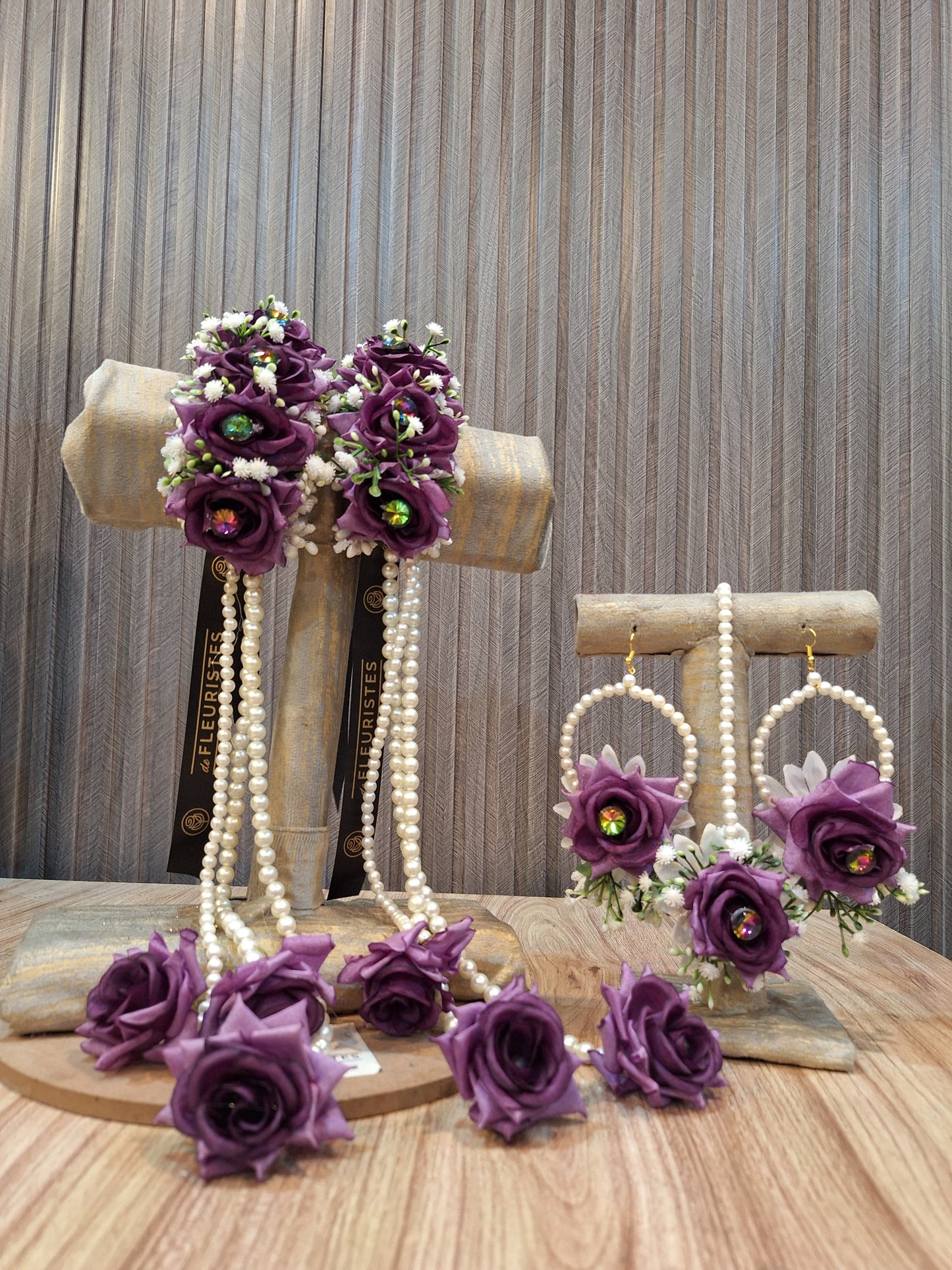 Handcrafted Deep Purple Rose Floral Jewelry Set with Pearl Hangings
