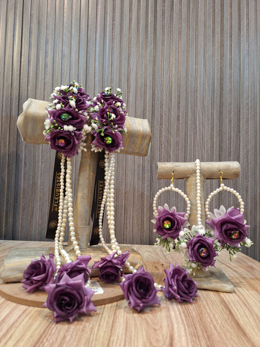 Handcrafted Deep Purple Rose Floral Jewelry Set with Pearl Hangings