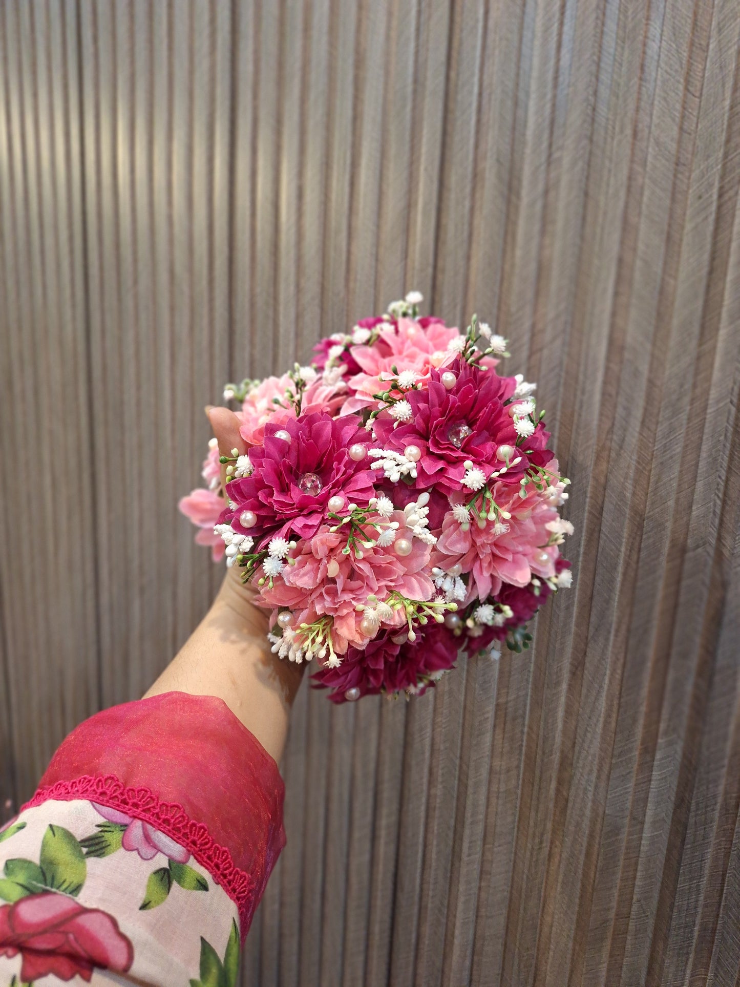 Magenta & Blush Pink Floral Hand Bouquet with Pearl Accents