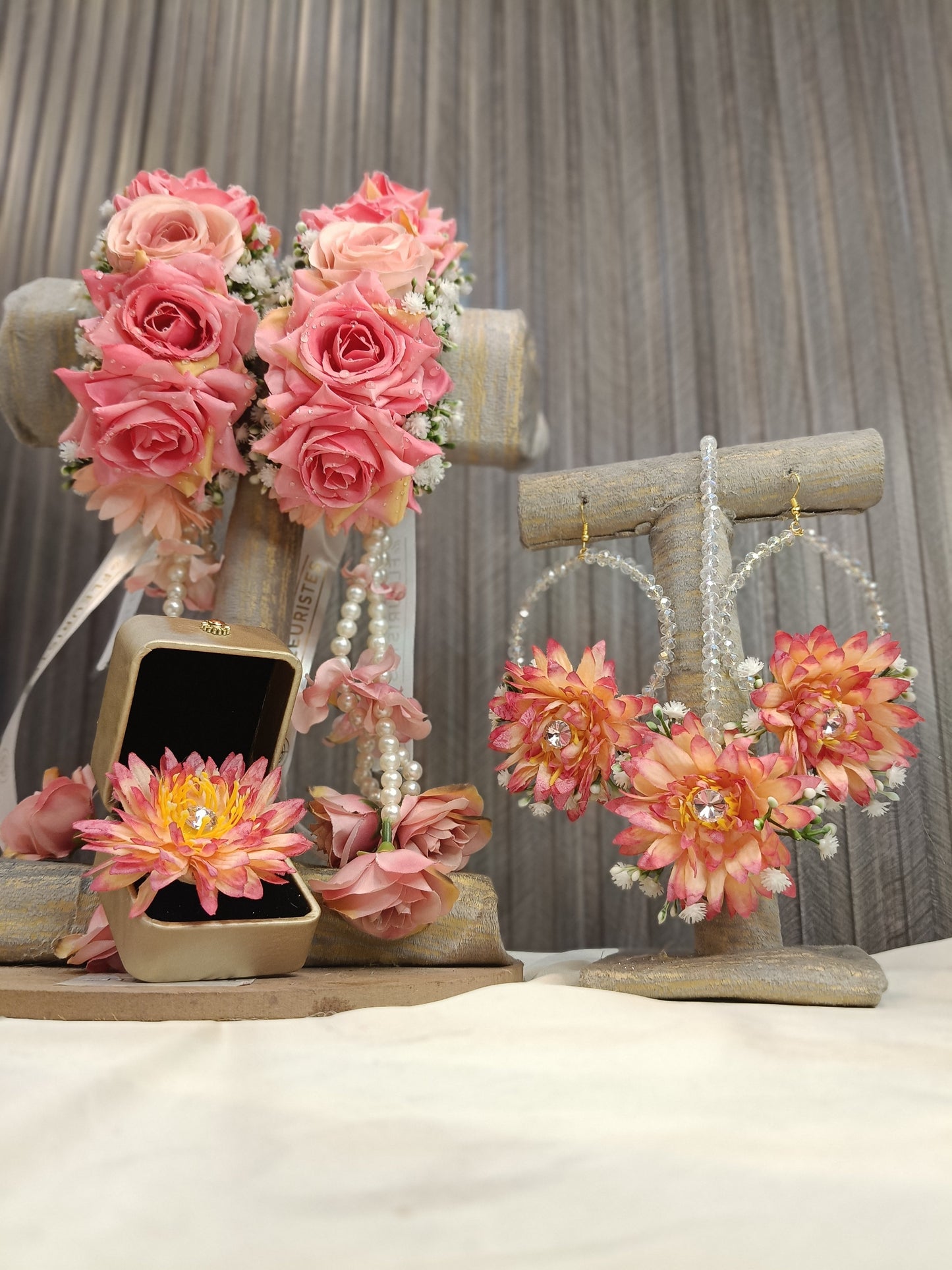 Blush Rose & Pearl Floral Jewelry Set with Jhumkas and Teeka