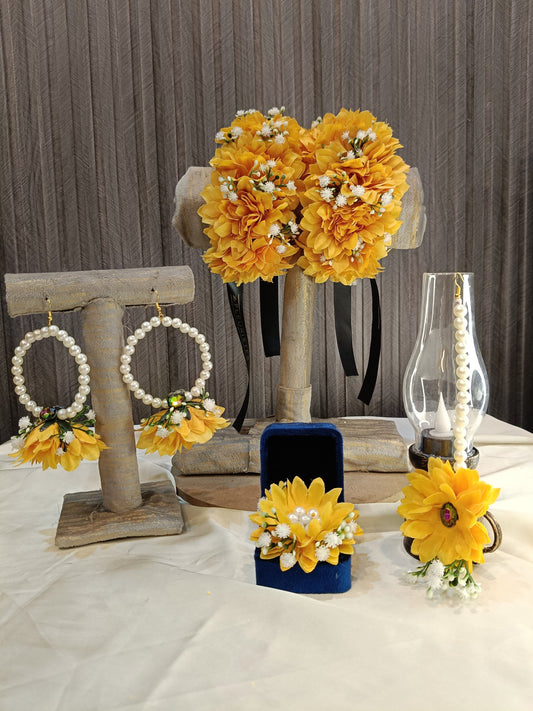 Handmade Yellow Floral Jewelry Set with Pearls