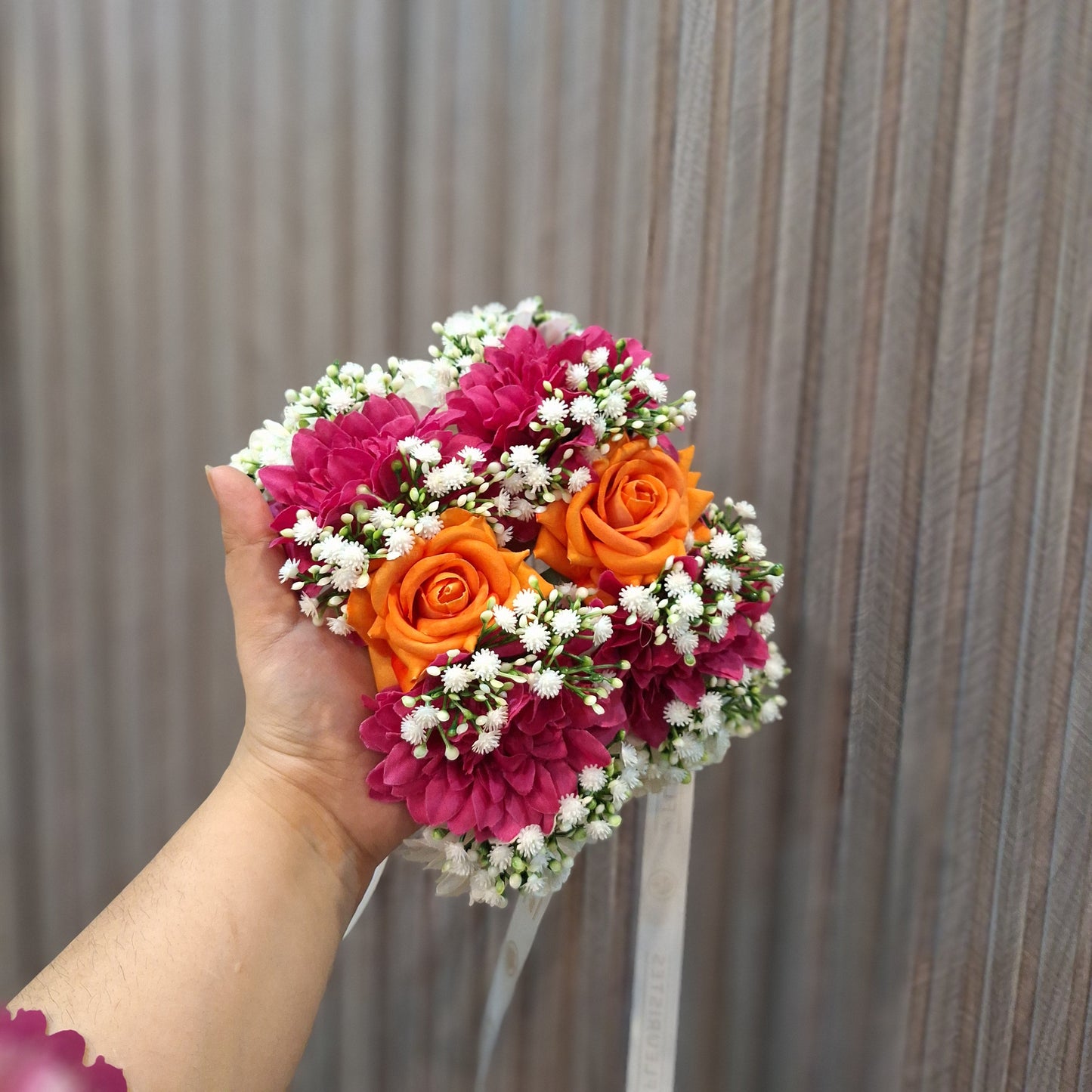 Vibrant Pink & Orange Floral Gajra with Baby’s Breath