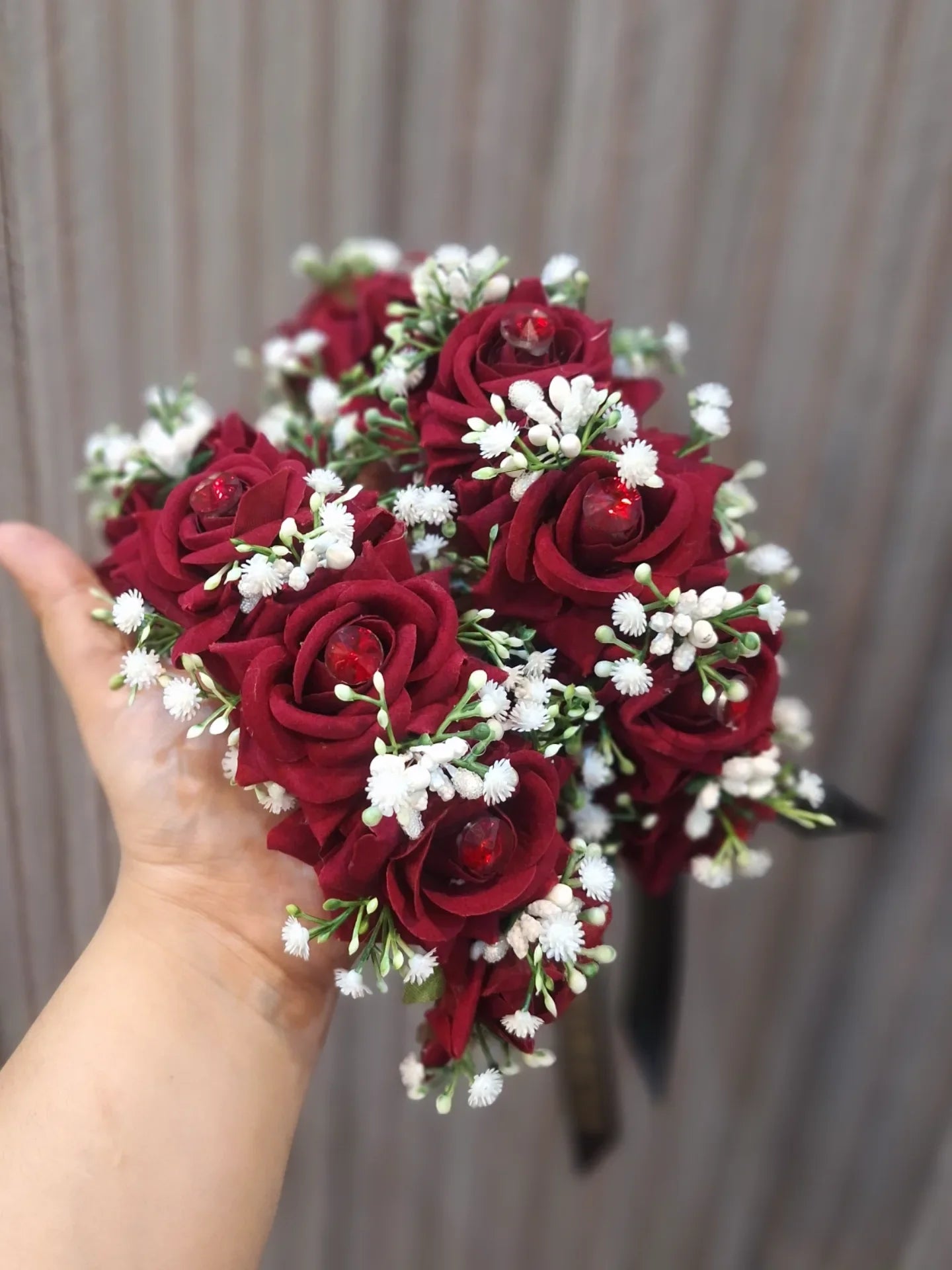 Elegant Deep Red Rose Floral Ganjra with Baby’s Breath