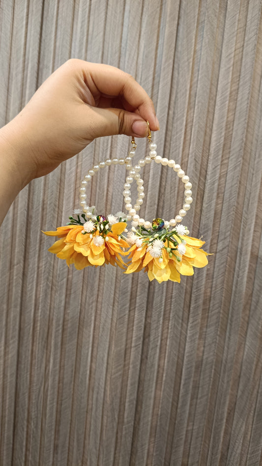 Marigold Yellow Floral Hoop Earrings with Pearl Detailing