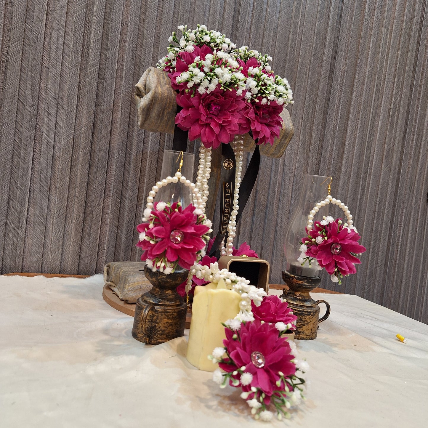 Magenta Floral Jewellery Set with Pearl Accents