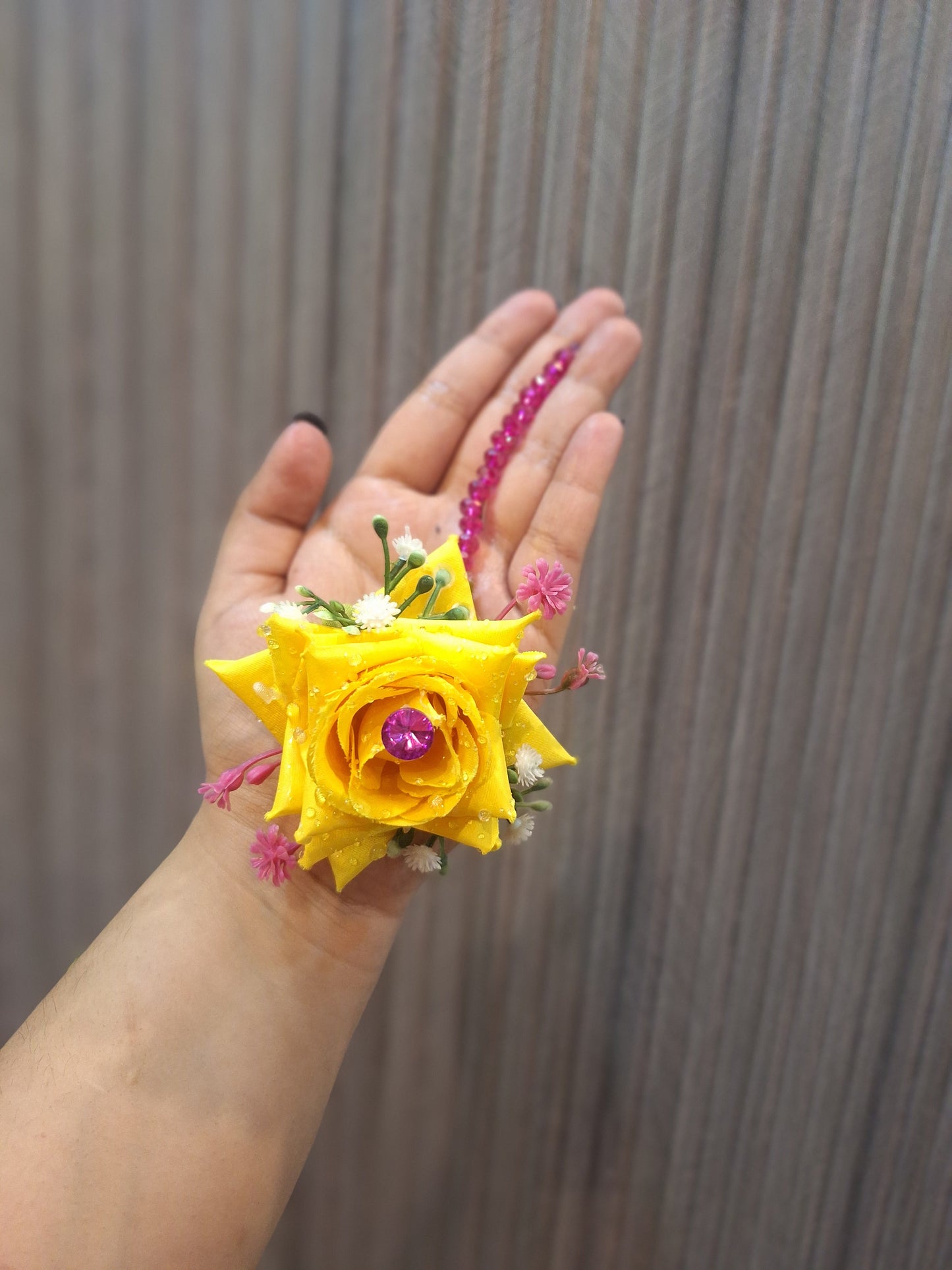 Vibrant Yellow Rose Hair Gajra with Purple Beaded Hangings