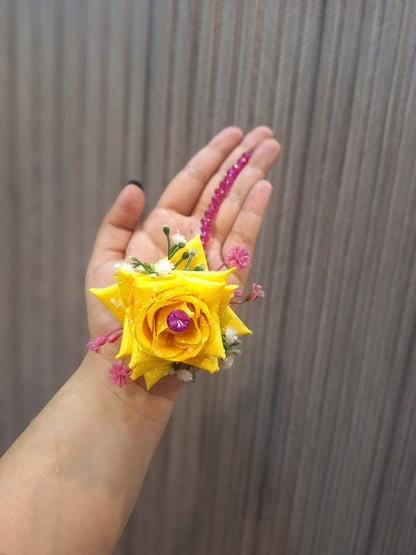 Vibrant Yellow Rose Hair Gajra with Purple Beaded Hangings
