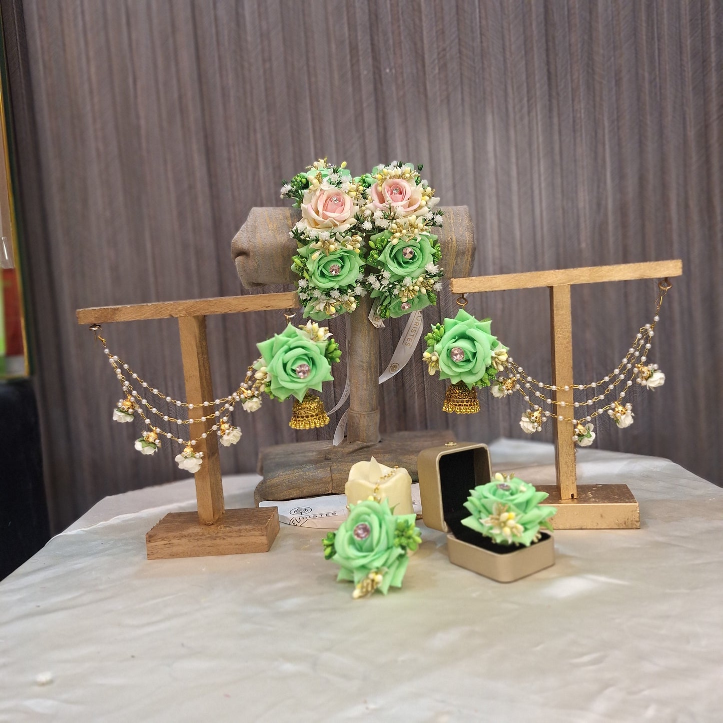 Mint Green & Blush Pink Floral Jewelry Set with Pearl Saharay
