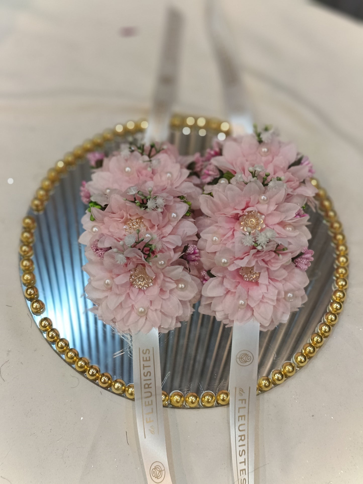 Elegant Pink Floral Wrist Corsage Set with Pearl Accents
