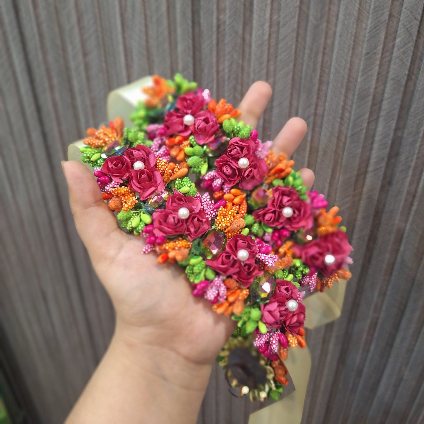 Vibrant Pink and Orange Floral Gajara with Ribbon Tie