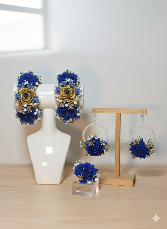 Royal Blue & Gold Floral Jewelry Set with Pearl Hoop Earrings