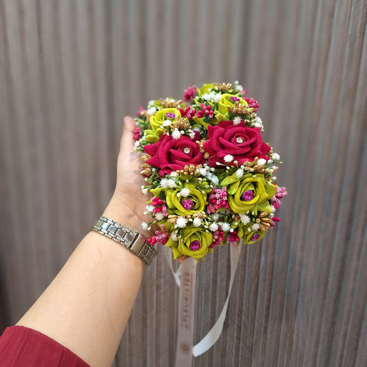 Magenta & Lime Green Floral Wrist Ganjra with Ribbon
