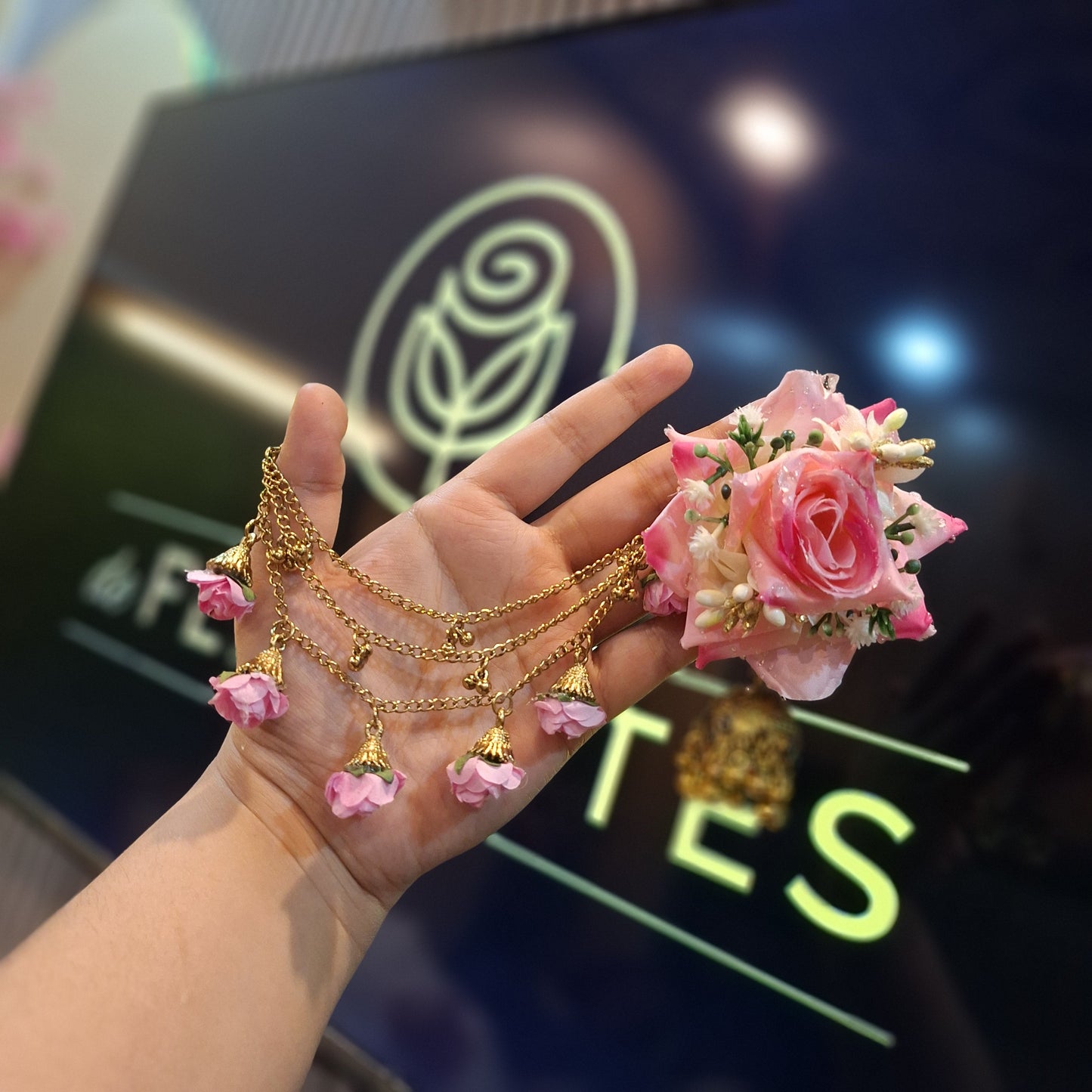 Pink Rose Floral Jhumka with Triple-Layer Saharay